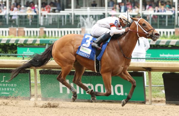 Mia Mischief and jockey Ricardo Santana Jr. win the 33rd running of The Humana Distaff Grade 1 $500,000 for trainer Steven Asmussen at Churchill Downs on May 04, 2019. Candice Chavez/ESW/CSM