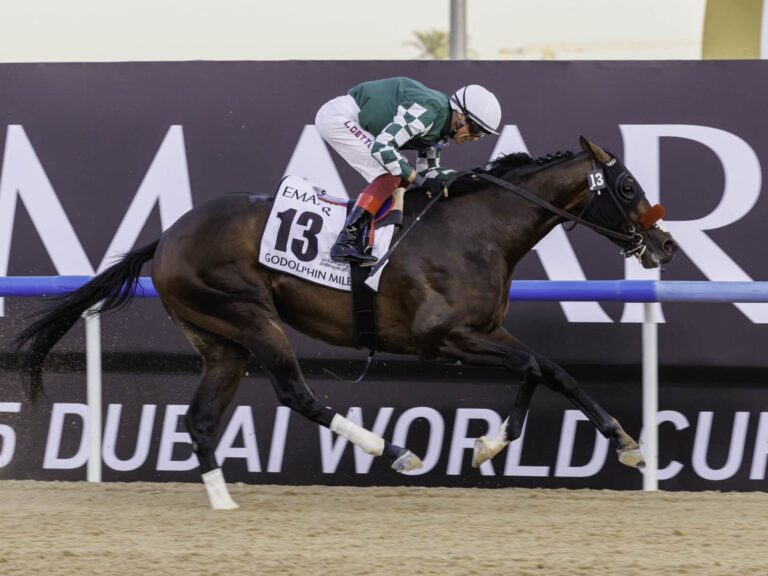Leading sprinter/miler Raging Torrent defeats a world-class field in the 2025 Godolphin Mile-G2 at Meydan | Photo courtesy of DRC