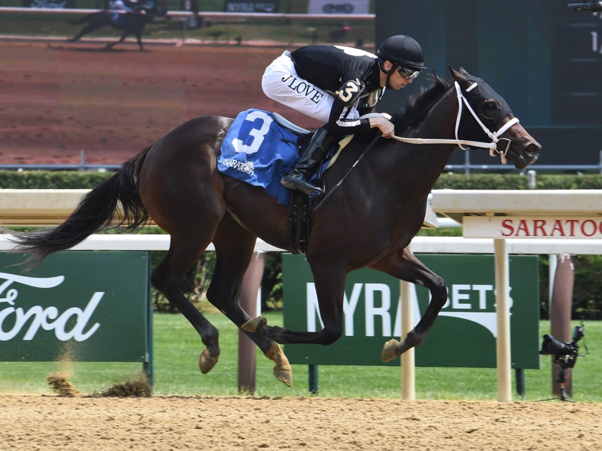 2yo filly Sassy C W becomes her sire's first TDN Rising Star & black type winner, capturing the 2025 Astoria S. at Saratoga | NYRA photo