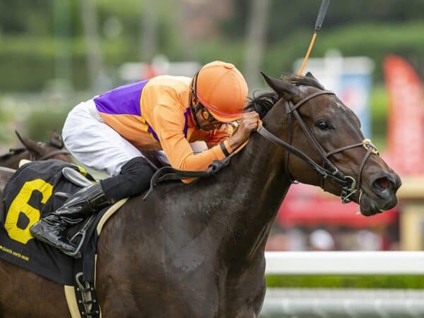 Spendthrift Farms' Ruby Nell and Edwin Maldonado win the $100,000 Unzip Me Stakes Sunday, October 1, 2023 at Santa Anita Park, Arcadia, CA. Benoit Photo