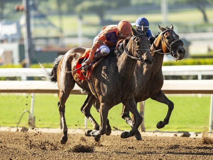 Coffee in Bed and jockey Mike Smith, left, overpower Desert Dawn (Antonio Fresu), right,, to win the Grade II, $200,000 Santa Maria Stakes, Sunday, April 21, 2024 at Santa Anita Park, Arcadia CA. © BENOIT PHOTO