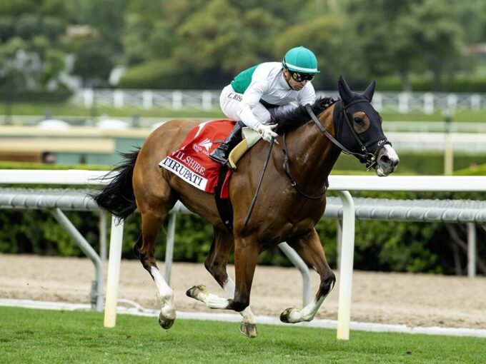 Mitole's Tirupati gets her first stakes win in the Grade III Wilshire S. at Santa Anita Park - Benoit Photo