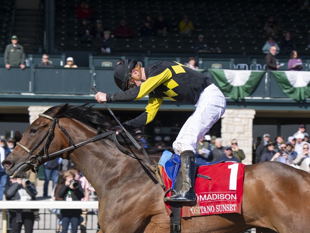 Julien Leparoux celebrates Positano Sunset's victory in the Grade 1 Madison S. - Kendall Wucker