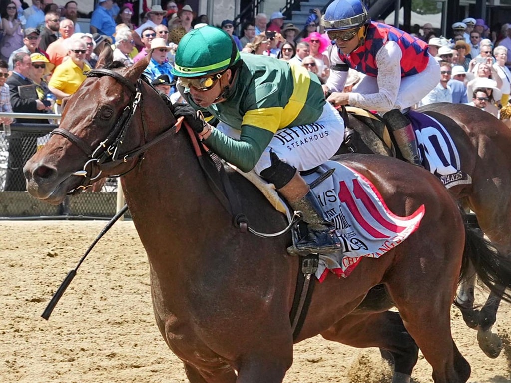 Retribution earns his first stakes win in the $100,000 Chick Lang S. - MJC photo