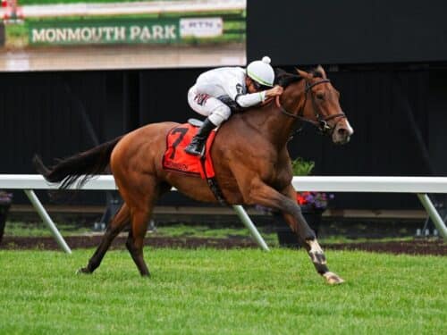 Whiskey Decision #7 with Samy Camacho up won the $150,000 Grade III Eatontown Stakes at Monmouth Park on Saturday June 14, 2025. Photo by Taylor Ejdys/EQUI-PHOTO