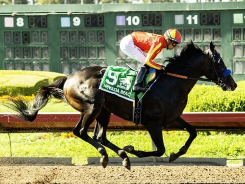 Nevada Beach and jockey Juan Hernandez make easy work of the $100,000 Los Alamitos Derby Saturday, June 28, 2025 / Benoit Photo