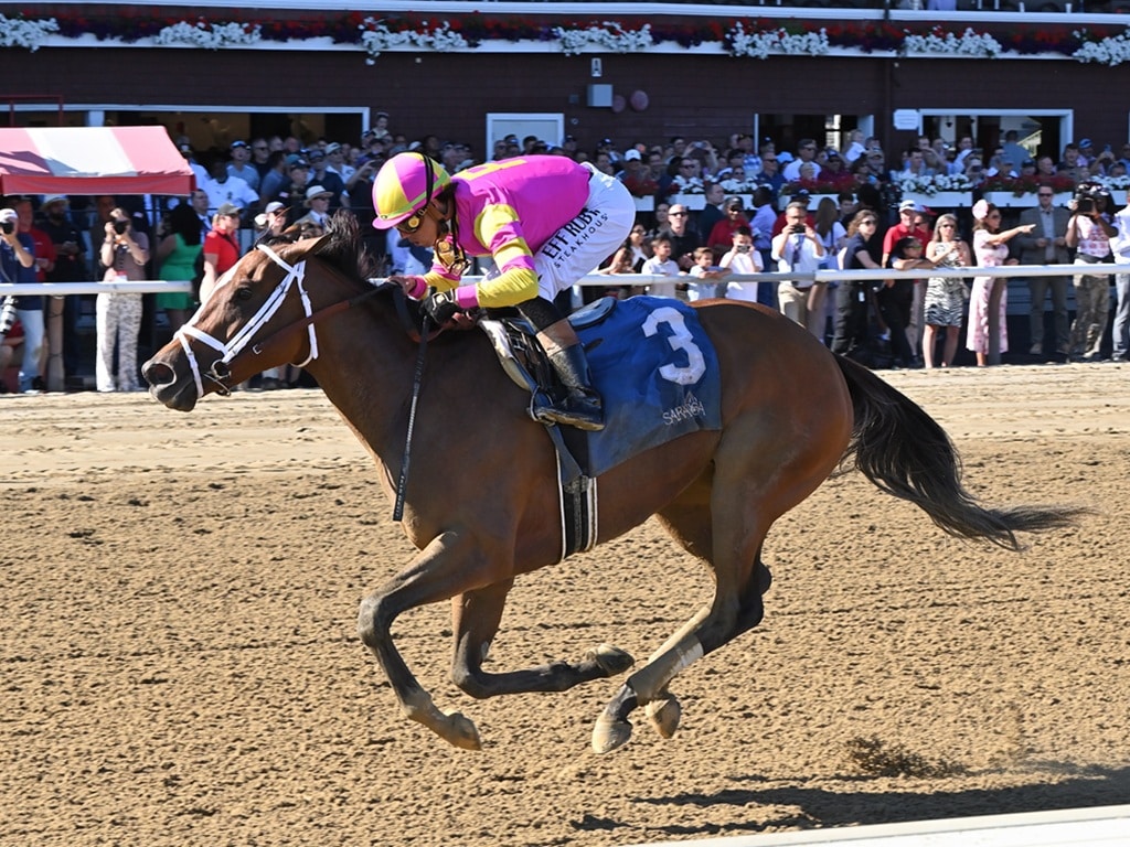 Into Mischief's 4-year-old filly Leslie's Rose powers to victory in the 2025 Shuvee S. (G2) at Saratoga - Chelsea Durand