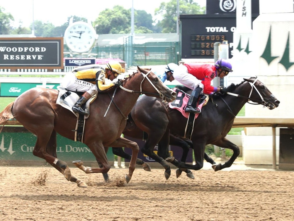 Papa Ken holds off a pair of challengers for a career debut win June 28, 2025 at Churchill Downs - Coady Media