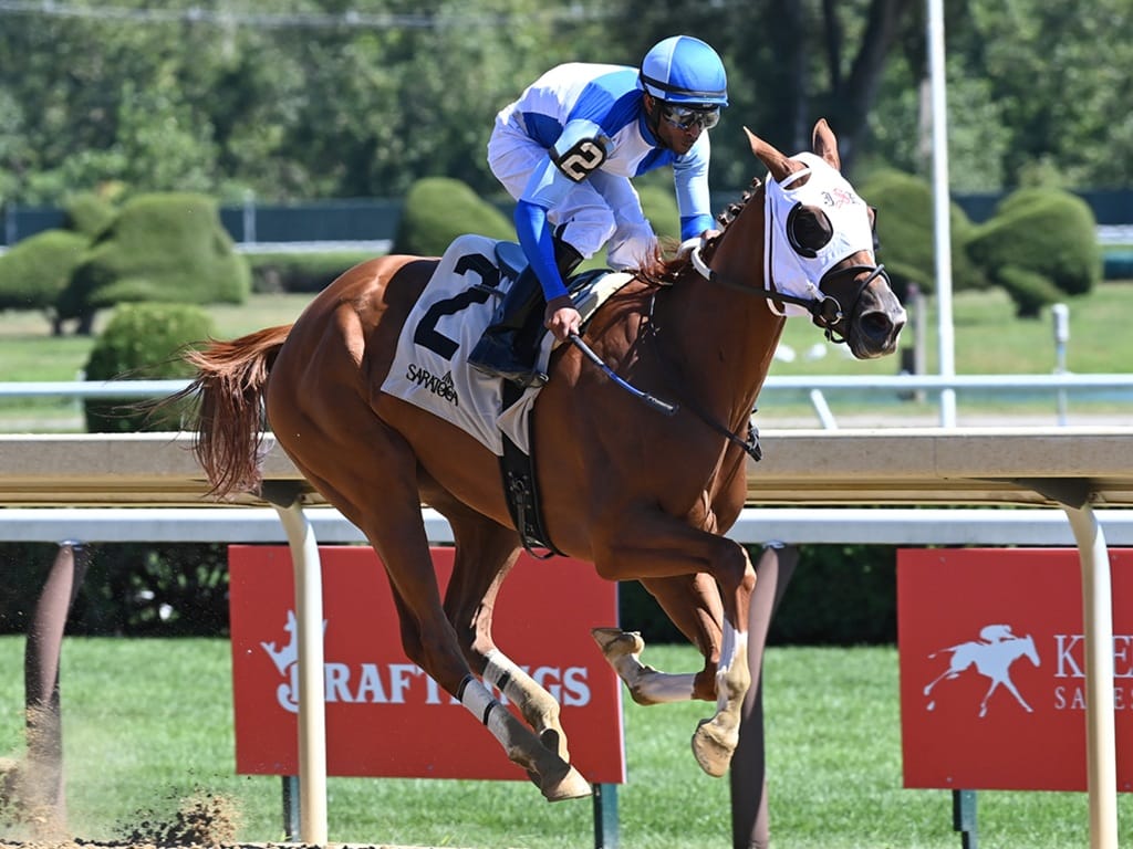 Vekoma's newest stakes winner Vehemente goes gate-to-wire in the $200,000 Fleet Indian S. - NYRA photo