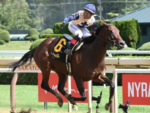 Eric Cancel celebrates his victory aboard Praying in the 2025 Prioress S. (G3) - NYRA