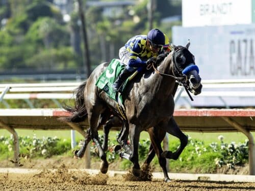 Natalie 'Jill' Baffert's Bottle of Rouge and hall of fame jockey Mike Smith beat favored stablemate Explora (Juan Hernandez up) in the Grade I $300,000 Del Mar Debutante Saturday, September 6, 2025, at Del Mar Thoroughbred Club, Del Mar, CA. Both fillies are trained by Baffert's husband, Bob Baffert. Benoit Photo