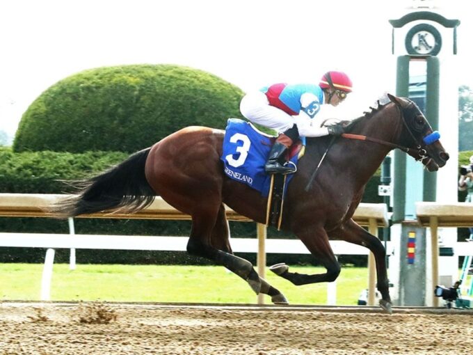 Into Mischief's Barnes is all alone at the finish of the Perryville S. (G3) - Renee Torbit/Coady