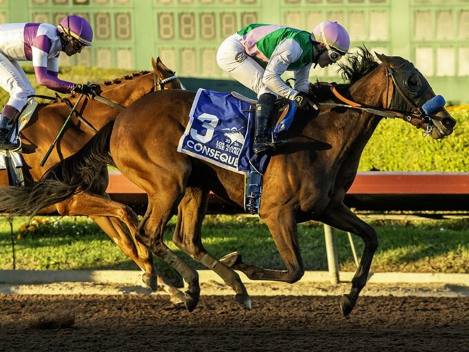 Juddmonte’s Consequent and jockey Kazushi Kimura, right, win the Grade II $200,000 Starlet Stakes Saturday, December 6, 2025 at Los Alamitos Race Course, Cypress, CA. The 2-year-old filly gives trainer Bob Baffert his ninth-straight Starlet victory. Benoit Photo