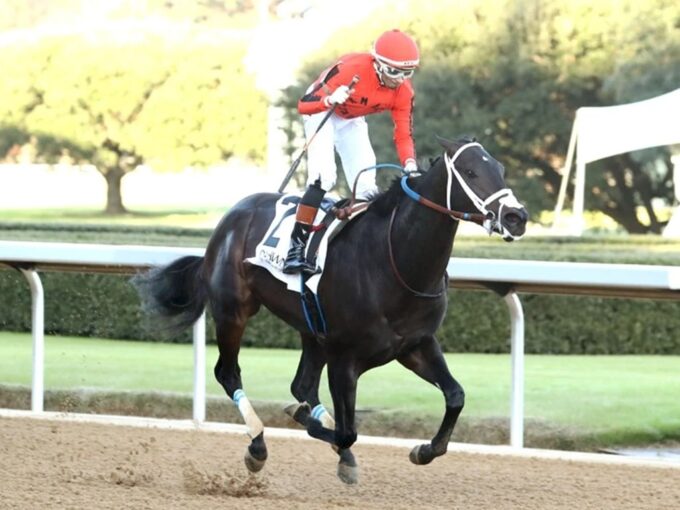 Ramon Vasquez celebrates his victory aboard Dirty Rich in the Advent S. at Oaklawn Park - Coady Media