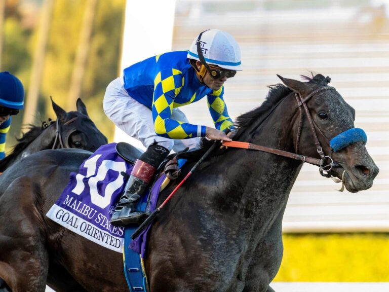 Goal Oriented wins the 2025 Malibu Stakes (G1) at Santa Anita, running 7 furlongs in 1:20.97 | Benoit photo 