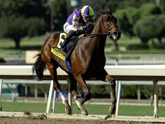 C R K Stable’s Westwood and jockey Kazushi Kimura win the Grade II $200,000 San Pasqual Stakes Saturday, January 31, 2026 at Santa Anita Park in Arcadia, CA. Benoit Photo