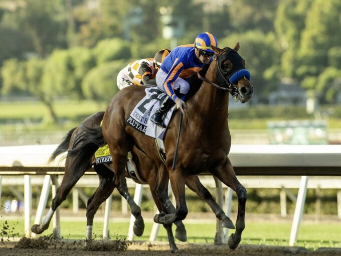 Magnier, Smith and Tabor’s Plutarch and jockey Florent Geroux, right, outfinish Intrepid (Hector I. Berrios up), left, to win the Grade III $100,000 Robert B. Lewis Stakes Saturday February 7, 2026 at Santa Anita Park, Arcadia, CA. Benoit Photo