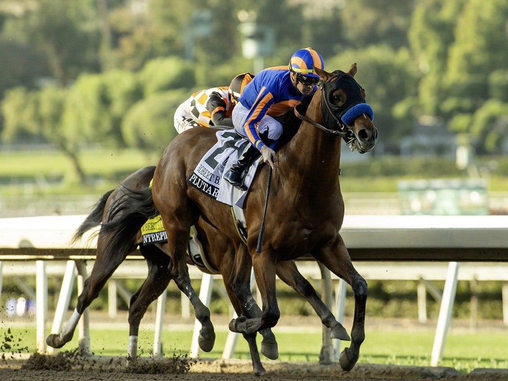 Magnier, Smith and Tabor's Plutarch and jockey Florent Geroux, right, outfinish Intrepid (Hector I. Berrios up), left, to win the Grade III $100,000 Robert B. Lewis Stakes Saturday February 7, 2026 at Santa Anita Park, Arcadia, CA. Benoit Photo