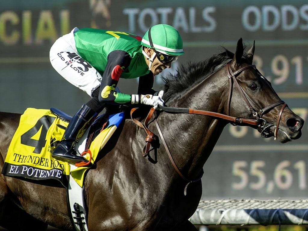My Way Racing's El Potente and jockey Hector I. Berrios win the Grade III $100,000 Thunder Road Stakes Saturday February 7, 2026 at Santa Anita Park, Arcadia, CA. The seven-year-old is trained by Dan Blacker and gave jockey Berrios his 600th career win. Benoit Photo