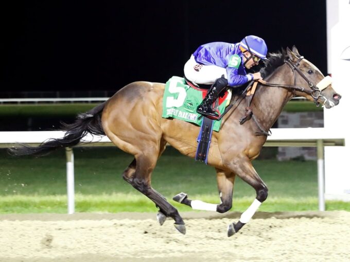Hen Party on her way to victory in the Serena's Song S. at Turfway Park - Coady media