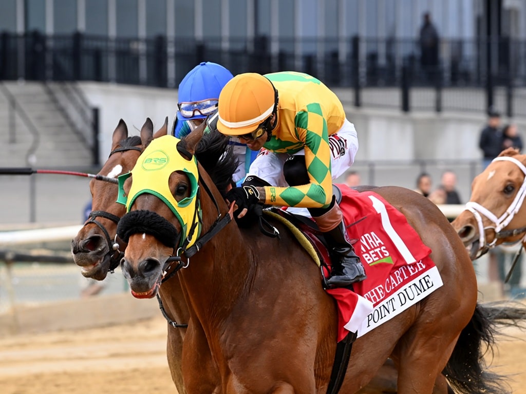 Point Dume holds off Book'em Danno to win the 2026 Carter S. (G2) at Aqueduct - Chelsea Durand/NYRA photo