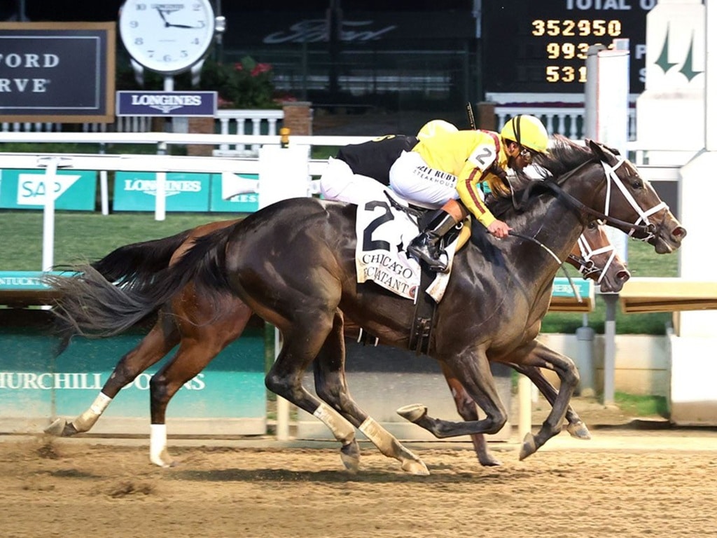 Eclatant battles to victory over Foie Gras in the 2026 Chicago S. (G2) at Churchill Downs - Coady Media photo