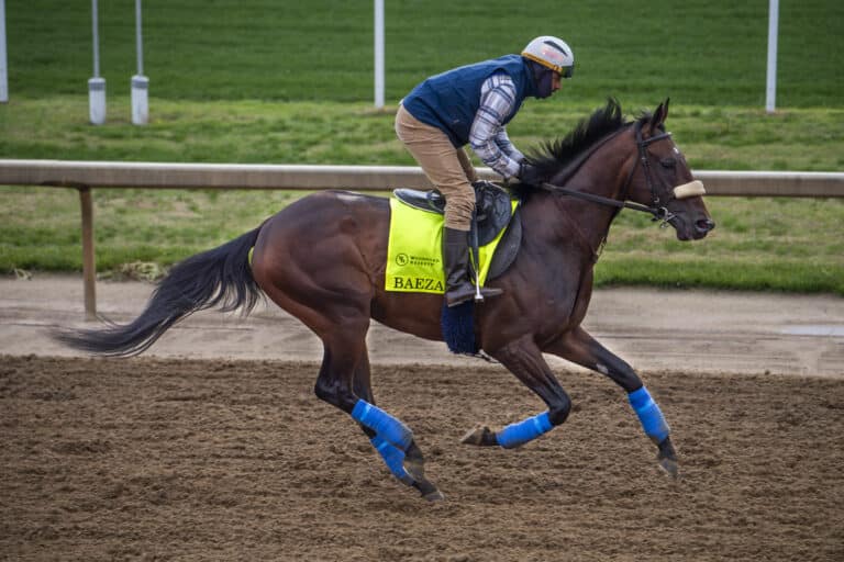 Baeza training at Churchill Downs ahead of his 3rd place finish in the Kentucky Derby