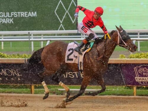 Jockey Edwin Gonzalez celebrate's Kerry's Kiss' victory in the Princess Rooney S. (G3) - Coglianese photo