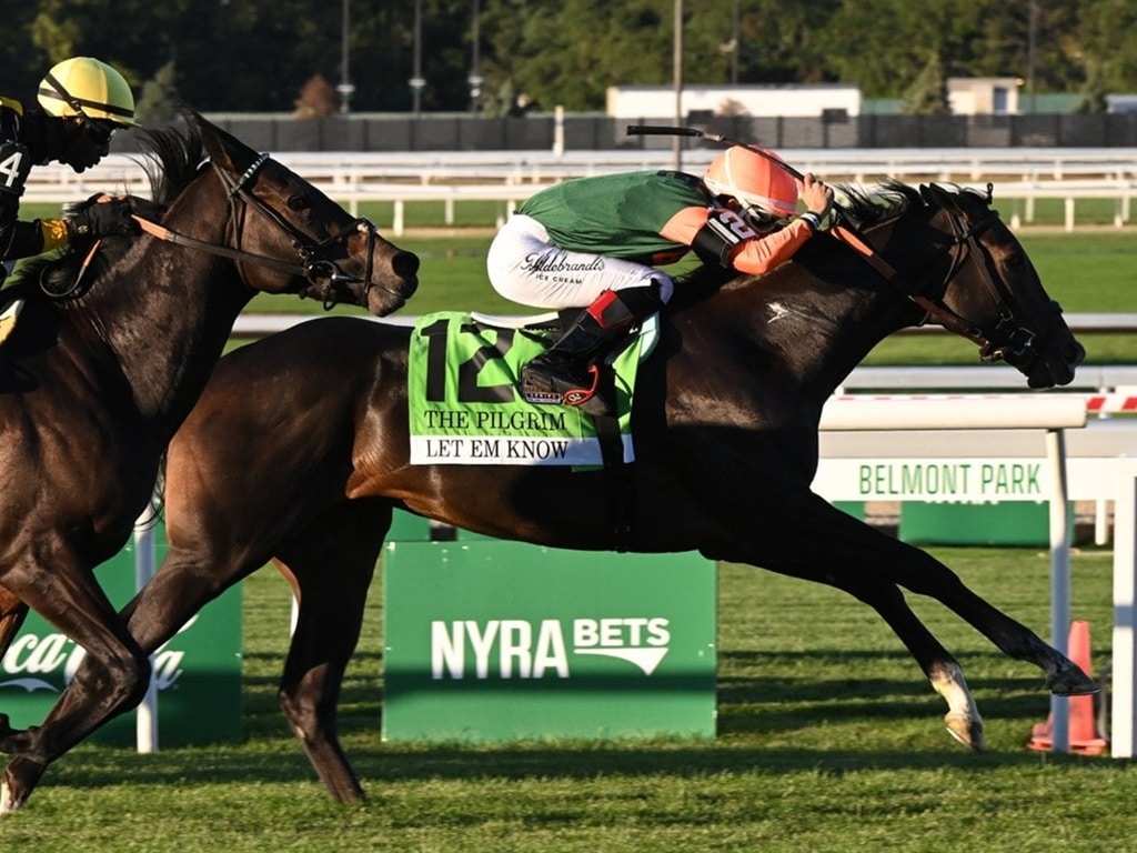 Let Em Know reaches for the wire in the G2 Pilgrim S. at Belmont Park - Susie Raisher/ NYRA
